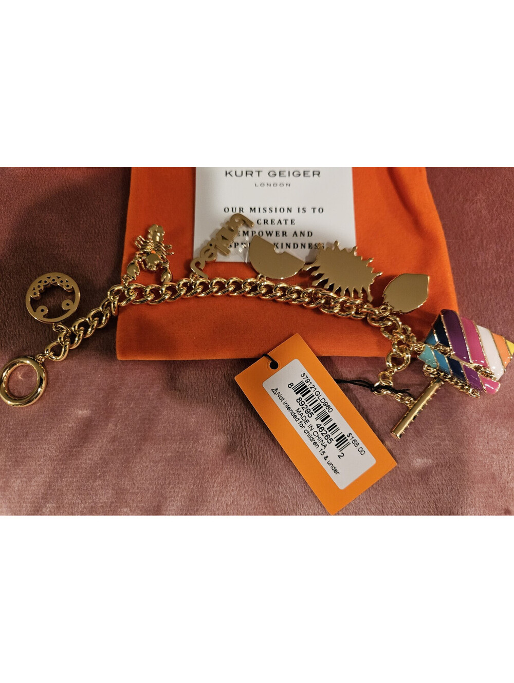 NWT KURT GEIGER LONDON MULTI CHARMS CRYSTAL BRACELET - BE KIND, RAINBOW, LOBSTER - Picture 7 of 7
